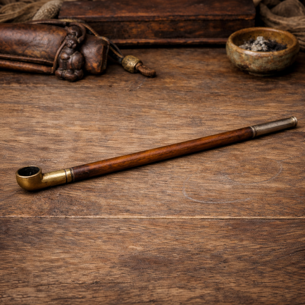 Antique wooden kiseru pipe with brass mouthpiece on a rustic wooden table with vintage smoking accessories.