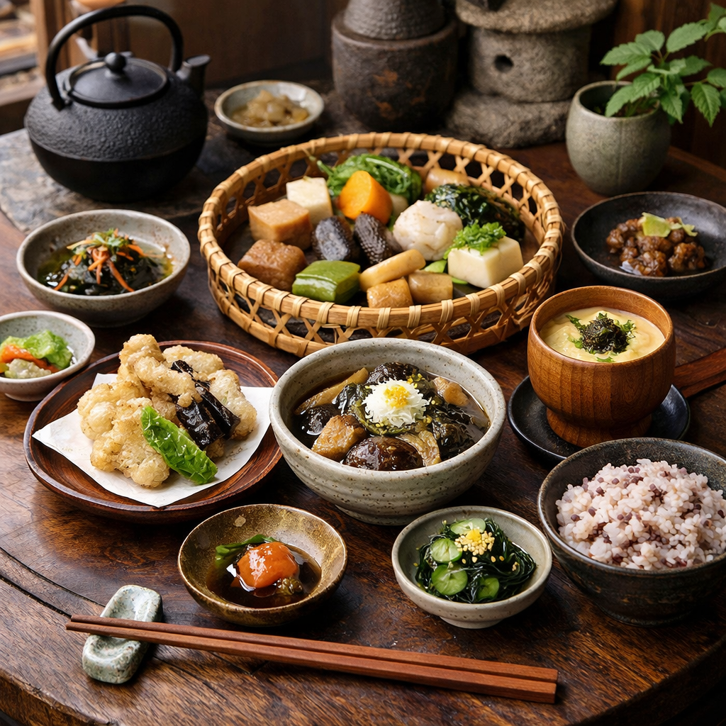 Traditional Japanese Buddhist shojin ryori vegetarian meal with tempura, miso soup, and grain rice.