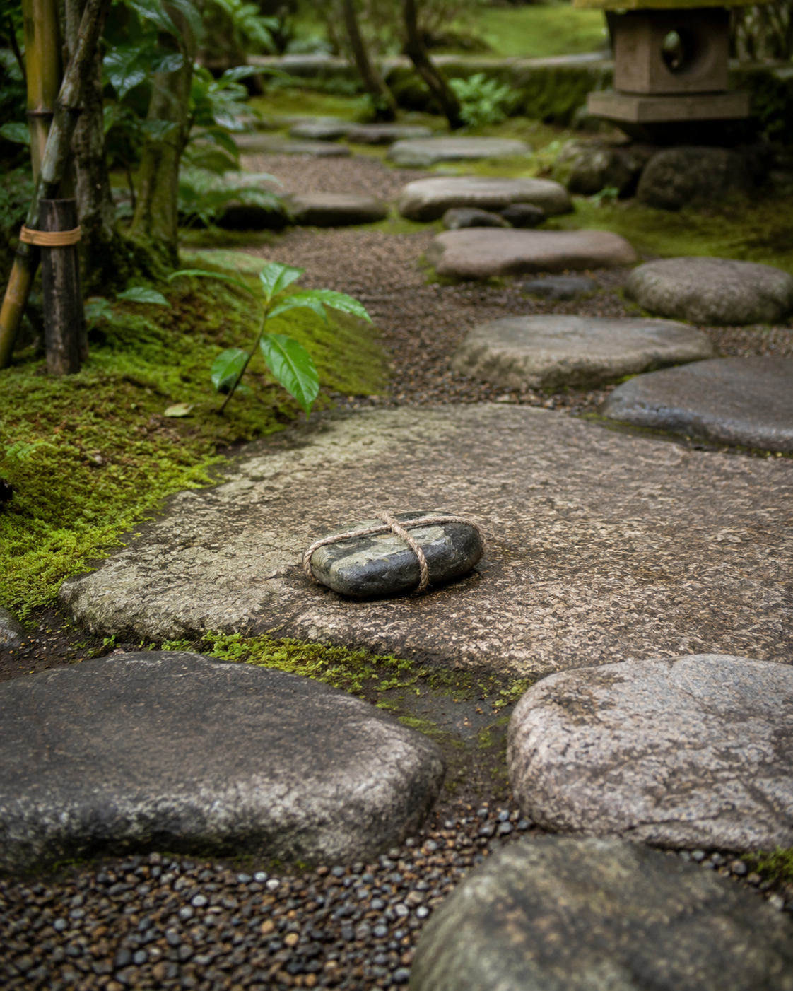 A traditional Japanese sekimori ishi boundary stone sits on a stone garden path.