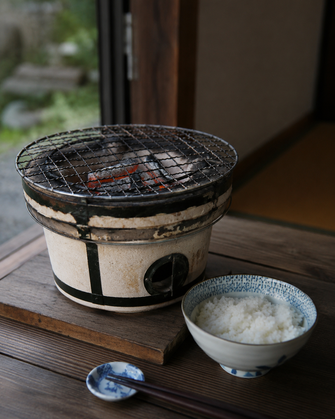 Traditional Japanese shichirin charcoal grill with a bowl of white rice on a wooden table.