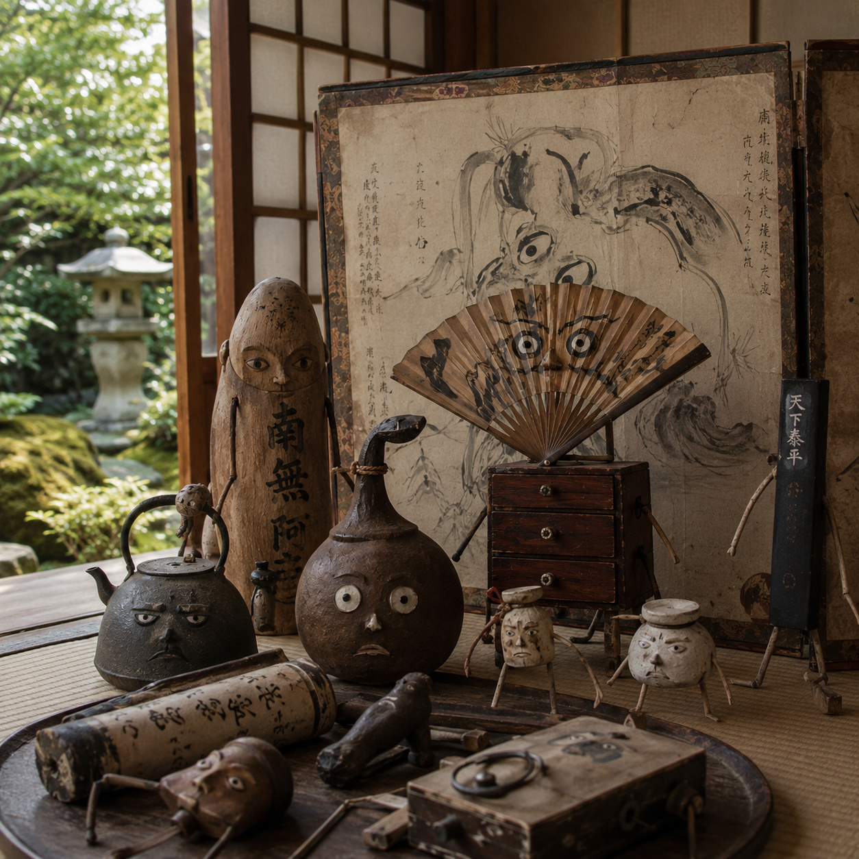 Antique Japanese Tsukumogami folk art figurines and household objects with faces displayed on a tatami mat.