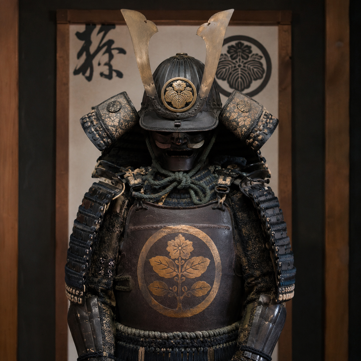 Authentic Japanese samurai armor with a traditional kabuto helmet and floral crest in a museum display.